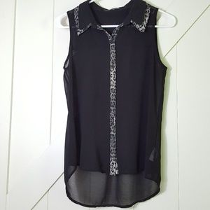 Maurice's Sheer Black w/Leopard Trim Blouse